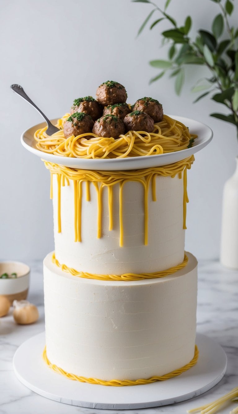 A cake decorated to look like a giant plate of spaghetti and meatballs, with a comical twist