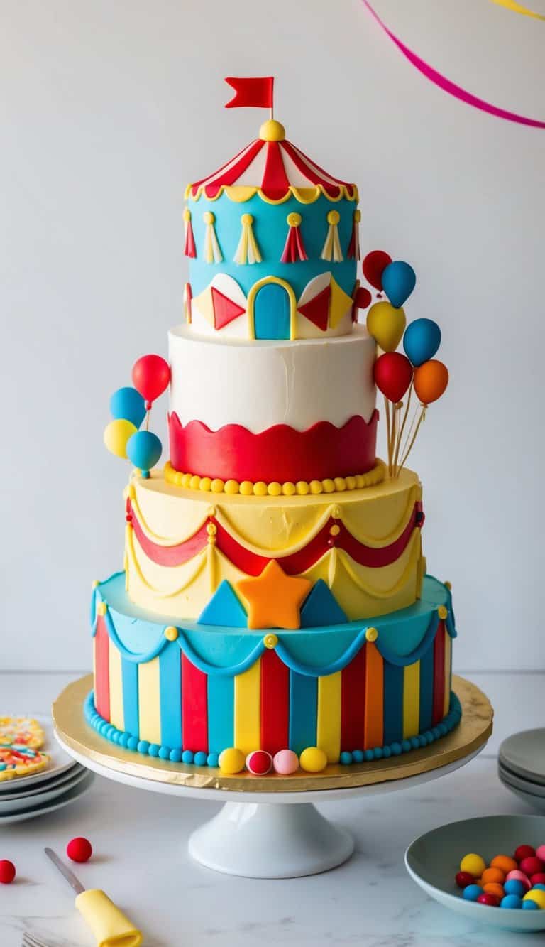 A colorful circus-themed cake with vibrant decorations and playful elements