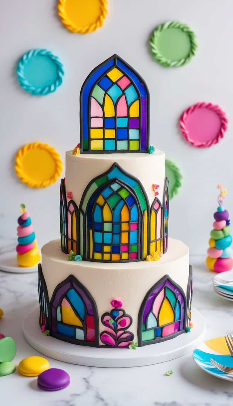 A colorful stained glass cake surrounded by playful and vibrant cake decorations, showcasing unique themes and colors