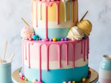 A two-tiered pastel cake decorated with colorful drips, macarons, and ice cream cones on top, sitting on a blue cake stand. Bright candies and tableware surround the cake on a white surface.