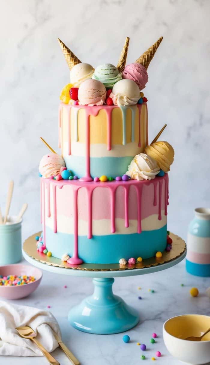 A two-tiered pastel cake decorated with colorful drips, macarons, and ice cream cones on top, sitting on a blue cake stand. Bright candies and tableware surround the cake on a white surface.