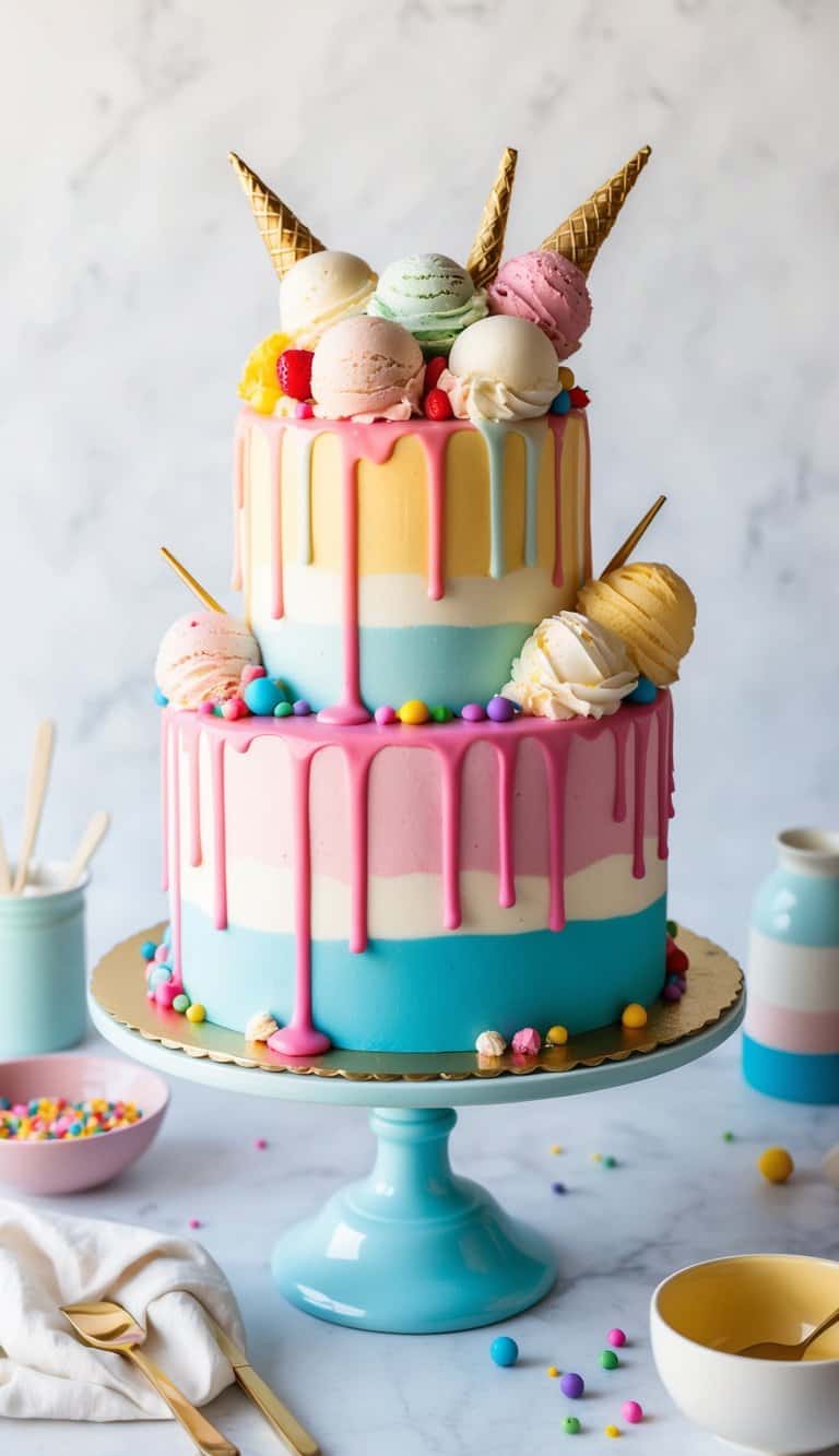 A vibrant and playful ice cream drip cake with colorful toppings and unique decorations