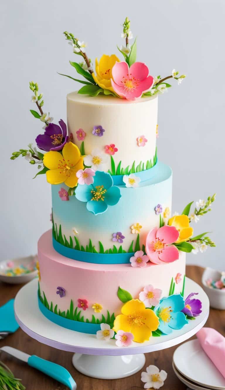 A colorful cake adorned with vibrant spring blossoms and playful decorations