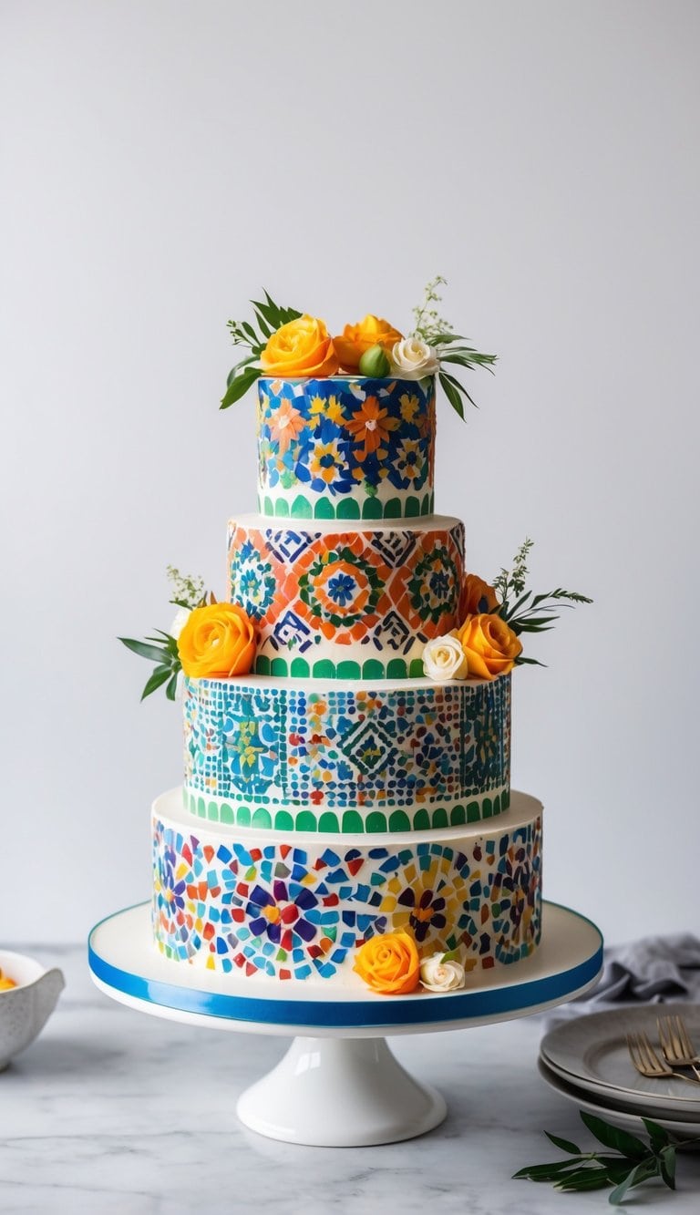 A colorful Mediterranean Mosaic Cake decorated with vibrant patterns and unique themes
