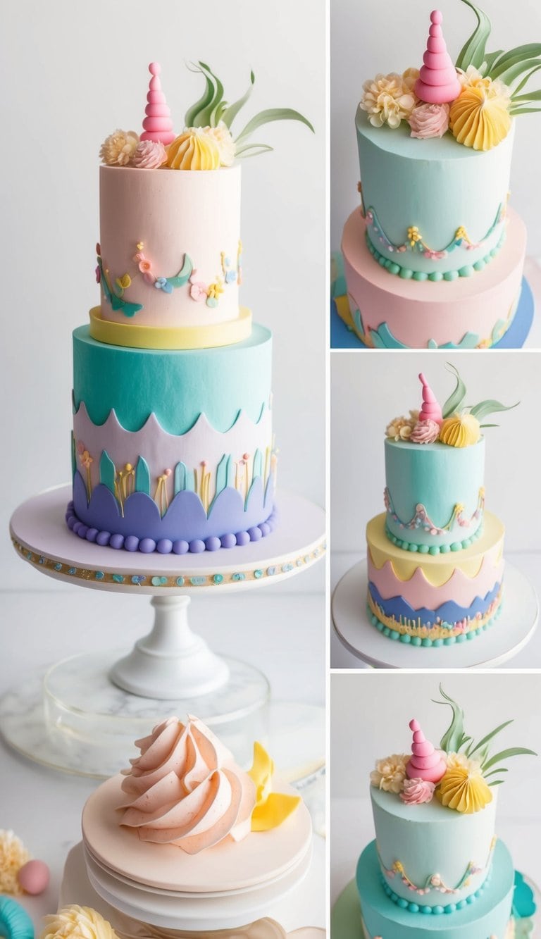 A whimsical cake adorned with pastel colors and playful designs, featuring vibrant and unique themes