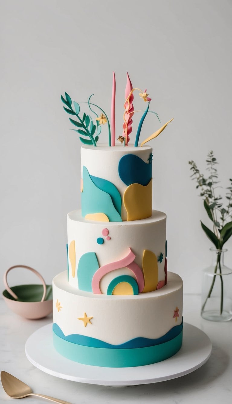 A modern minimalist cake adorned with vibrant and playful decorations in unique themes and colors