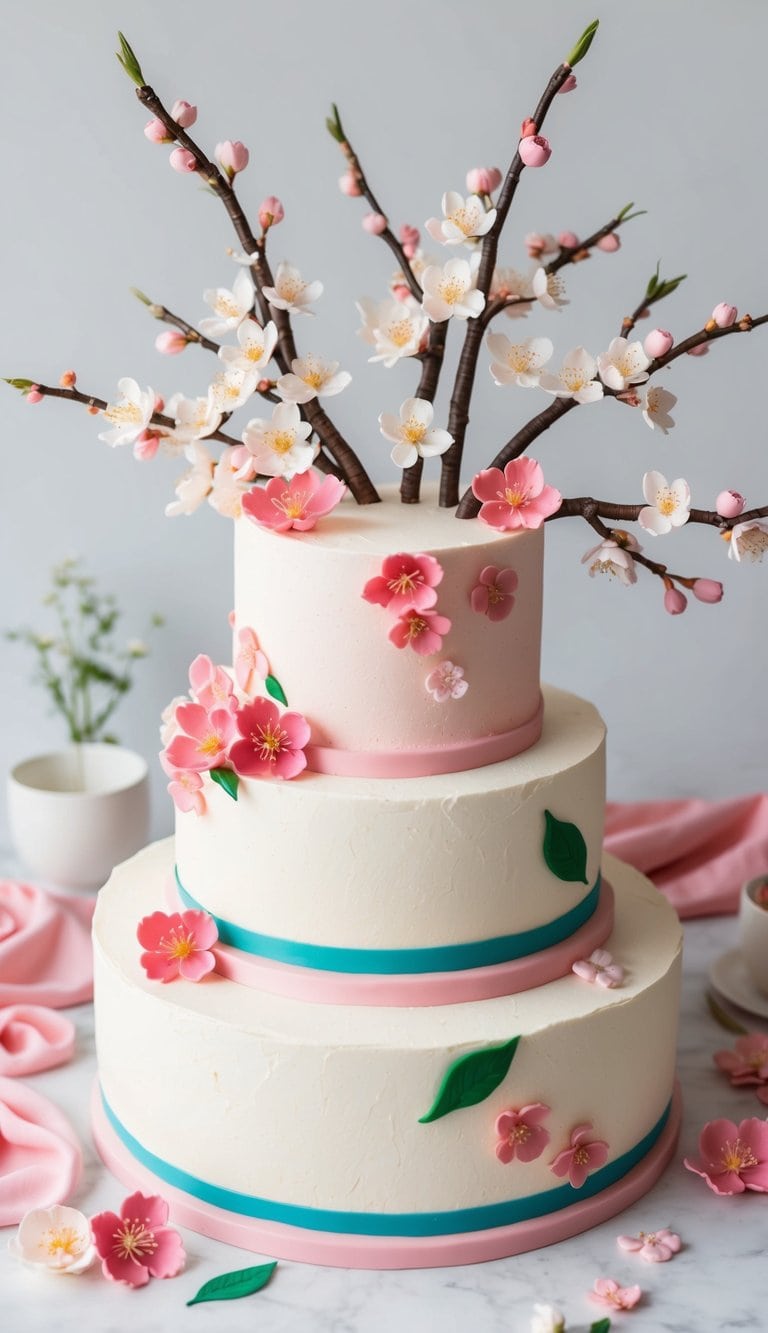 A vibrant cherry blossom cake surrounded by playful and unique decorations