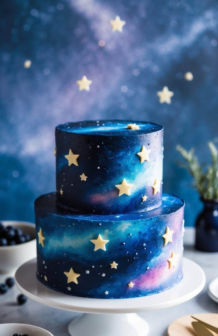 A two-tiered cake decorated with a galaxy design in blue, purple, and white hues, topped with edible white and yellow stars, sits on a white cake stand. The background has a starry, cosmic theme.