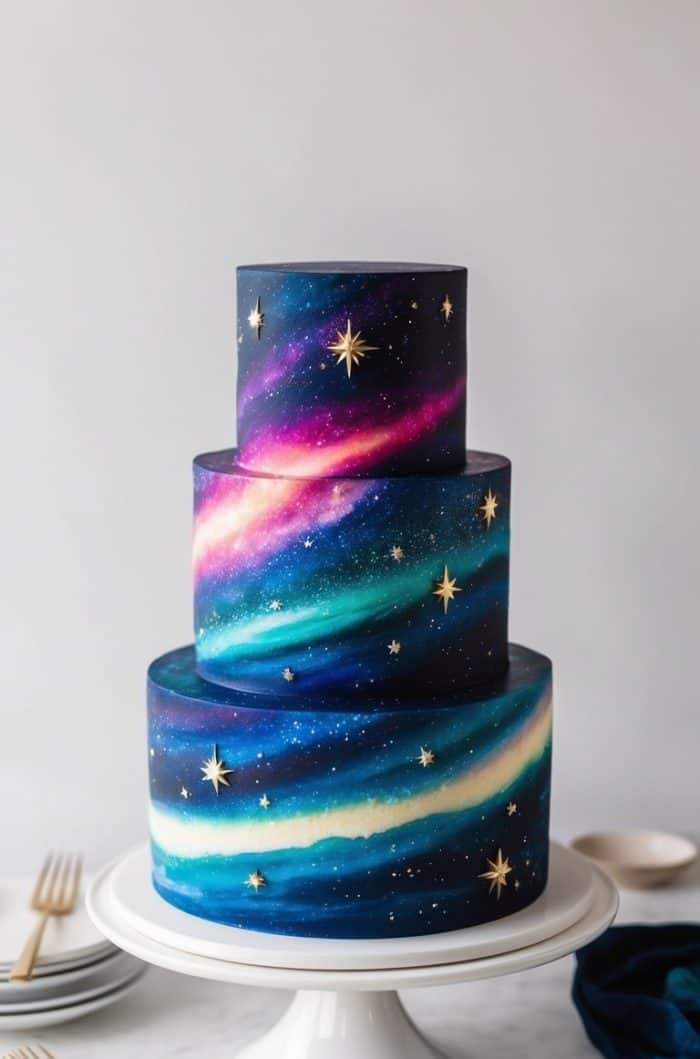 A three-tiered cake decorated with a galaxy theme, featuring swirling blue, purple, and pink colors, white stars, and gold star accents, displayed on a white cake stand with plates and utensils nearby.