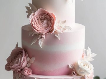 A three-tiered cake decorated with pastel pink and white hues, adorned with intricate, realistic flowers and leaves. The top layers have large roses, while the bottom is embellished with smaller floral designs. The cake sits on a white stand.