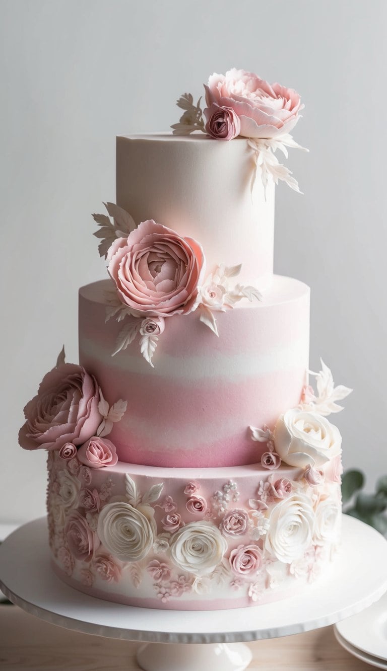 A cake adorned with intricate floral buttercream patterns in various shades of pink and white, exuding a feminine and stylish vibe
