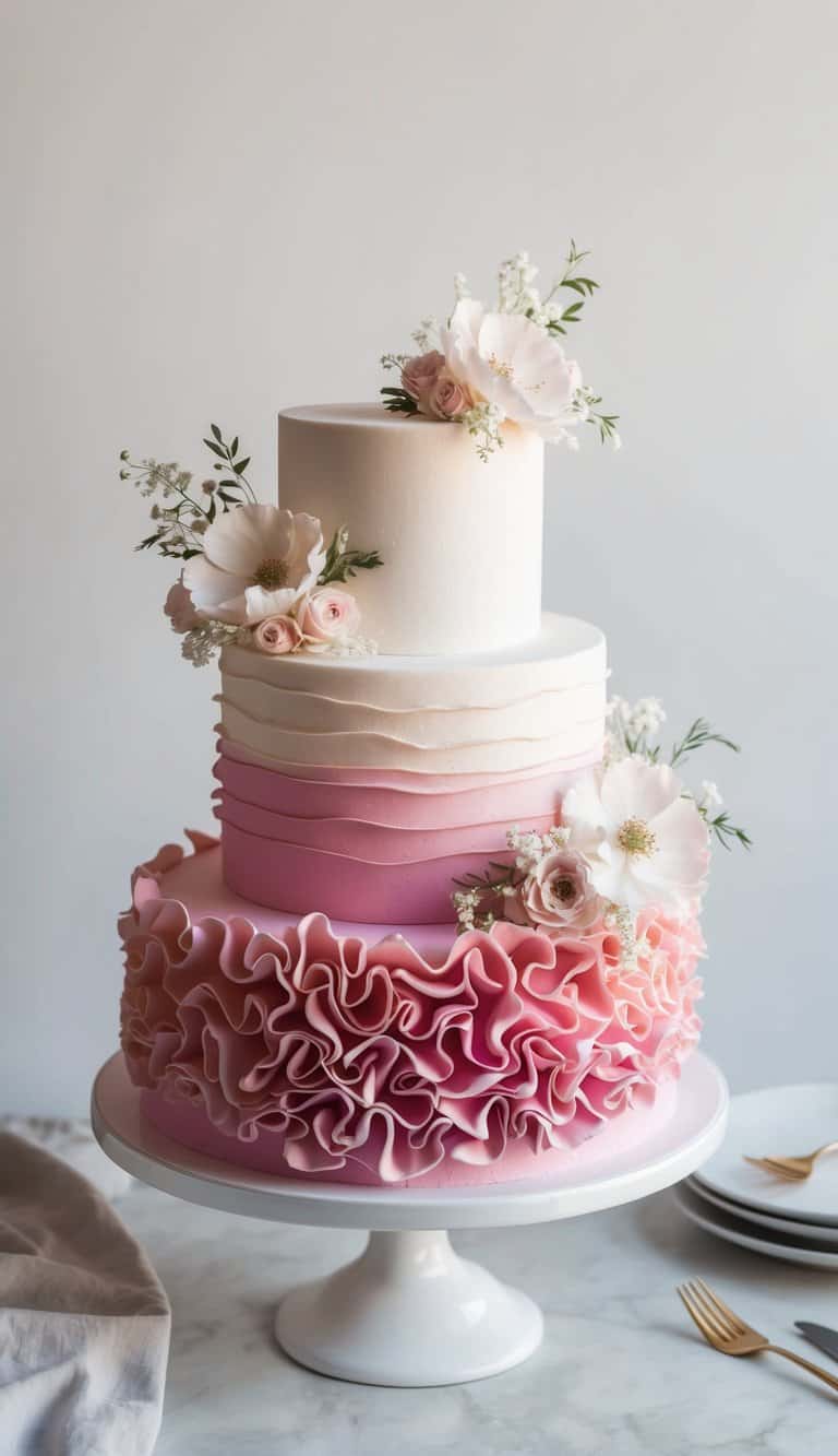 A three-tiered cake with ombre pink layers, adorned with ruffled fondant and delicate floral decorations