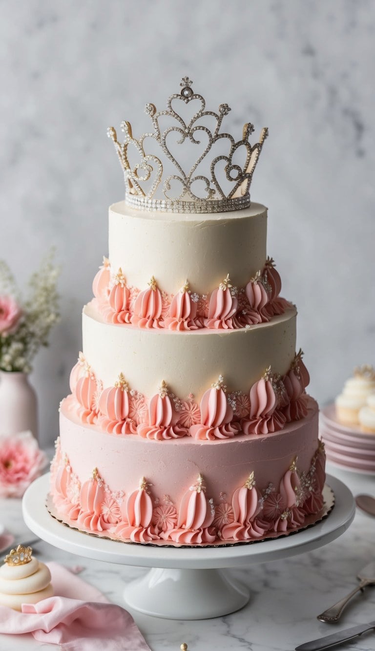 A girly cake adorned with a sparkling tiara topper, surrounded by pink ruffles and delicate decorations