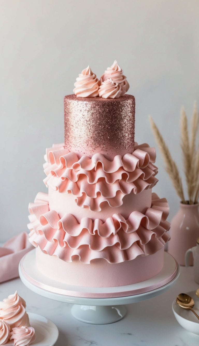 A pink-hued cake adorned with ruffles and glamorous glitter finish