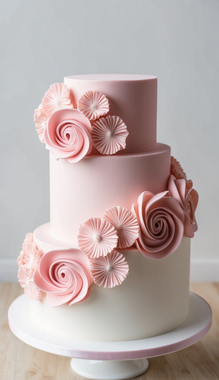 A pink and white cake adorned with delicate rosette swirls and ruffles, exuding a feminine and stylish aesthetic