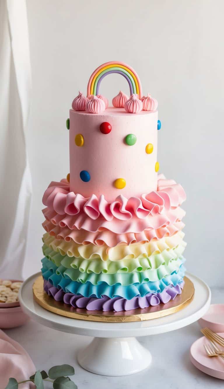 A pink and rainbow-themed cake adorned with candy and ruffles