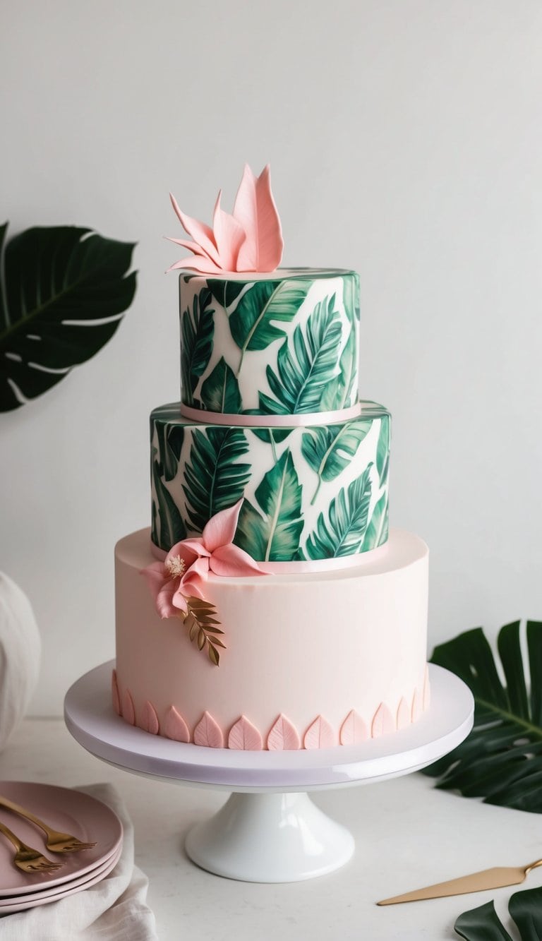 A tropical palm leaves patterned cake with feminine and stylish pink decorations