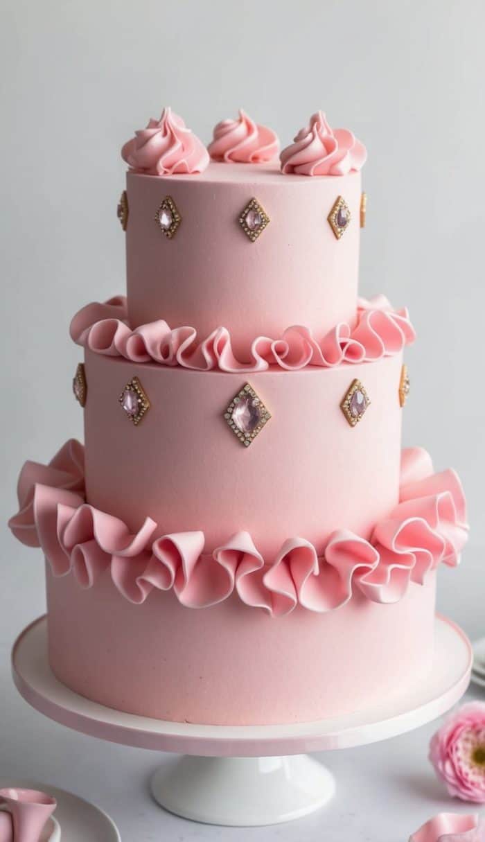 Two-tier pink cake with ornate decorations. The cake features ruffled pink frosting borders at the base of each tier and is adorned with symmetrical diamond-shaped embellishments. It's set on a white cake stand.