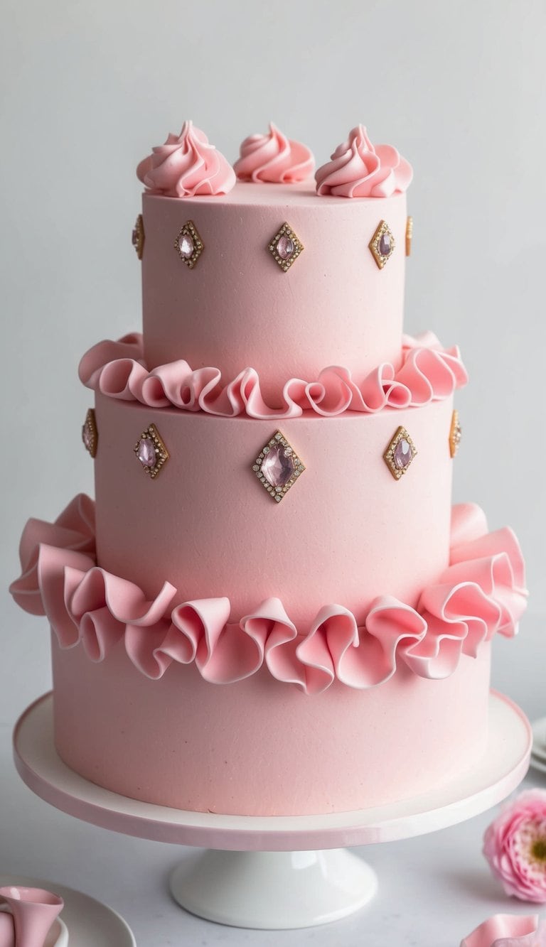 A pink-hued cake adorned with gemstone sugar embellishments and ruffles, exuding femininity and style