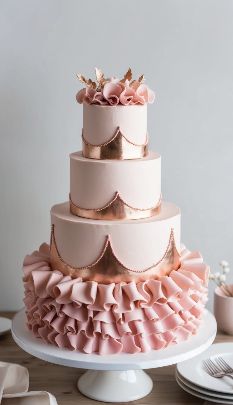 A three-tiered cake adorned with rose gold accents and ruffled pink icing. Feminine and stylish design with a girly touch