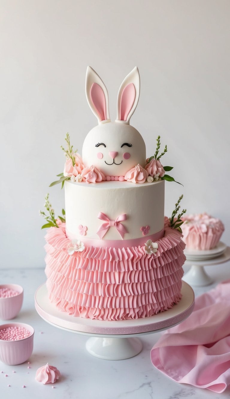 A cute bunny cake surrounded by pink ruffles and girly decorations