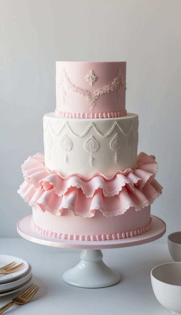 A pink and white tiered cake adorned with delicate ruffles and intricate embroidered patterns, exuding a feminine and stylish vibe