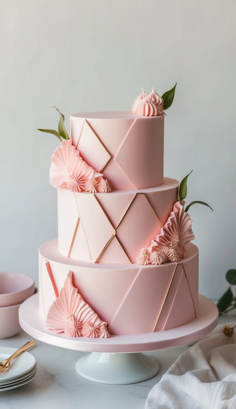 A pastel pink cake with geometric shapes and ruffled edges