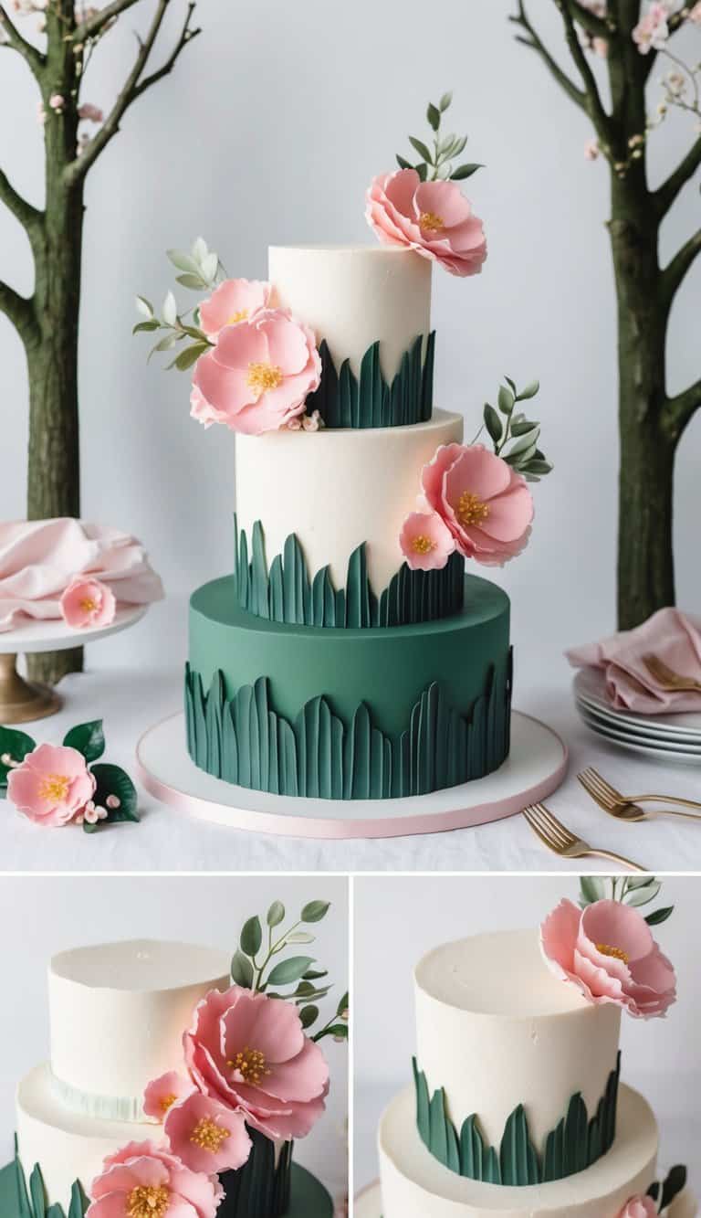 A whimsical forest setting with blooming pink flowers and ruffled fabric accents