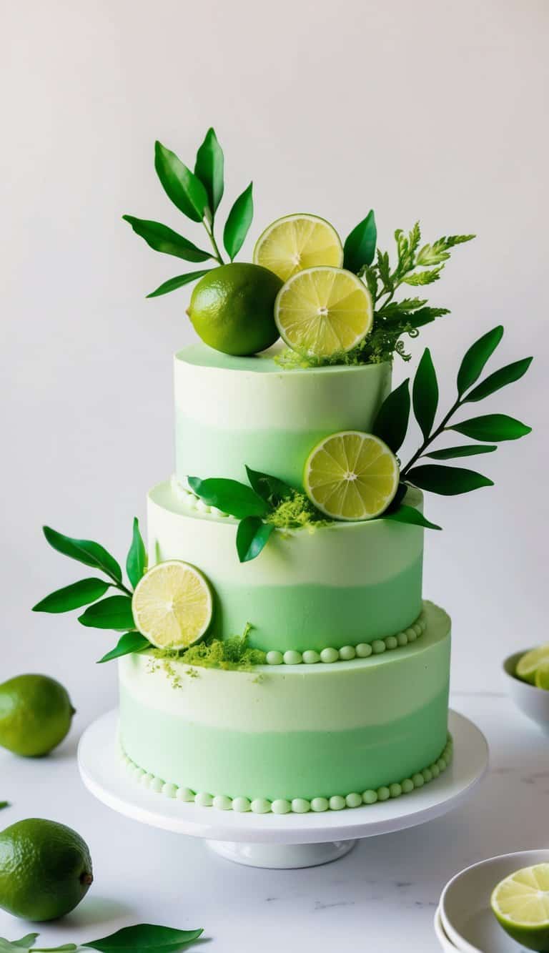 A vibrant green cake adorned with lime zest, leaves, and other refreshing green decorations