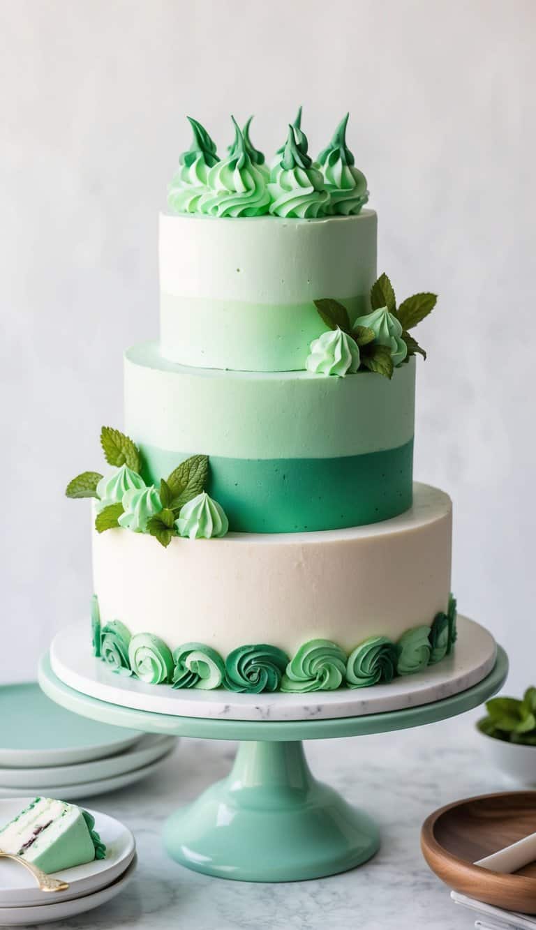 A mint chocolate chip cake with various shades of green frosting and decorative elements