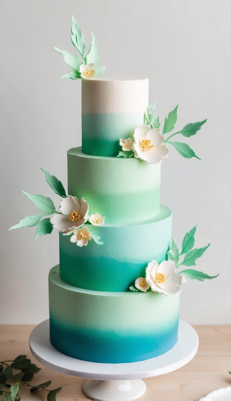 A tall, three-tiered cake with ombre shades of green frosting, adorned with delicate fondant leaves and flowers