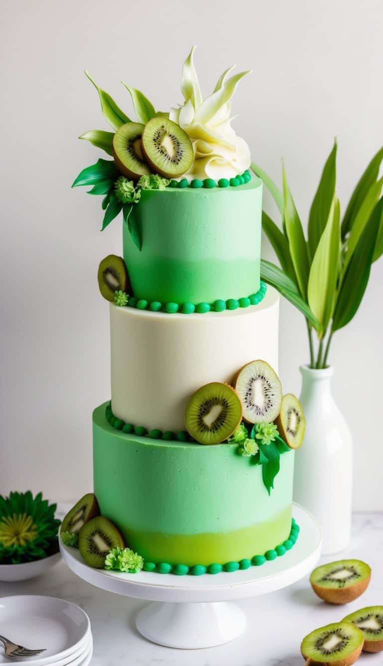 A green cake adorned with kiwi slices and various green decorations