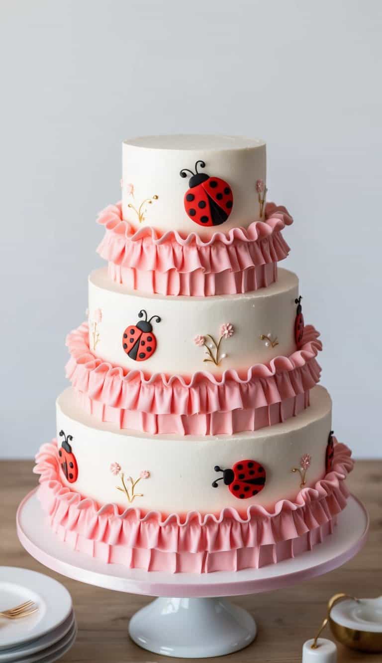 A ladybug-themed cake adorned with pink ruffles and delicate designs
