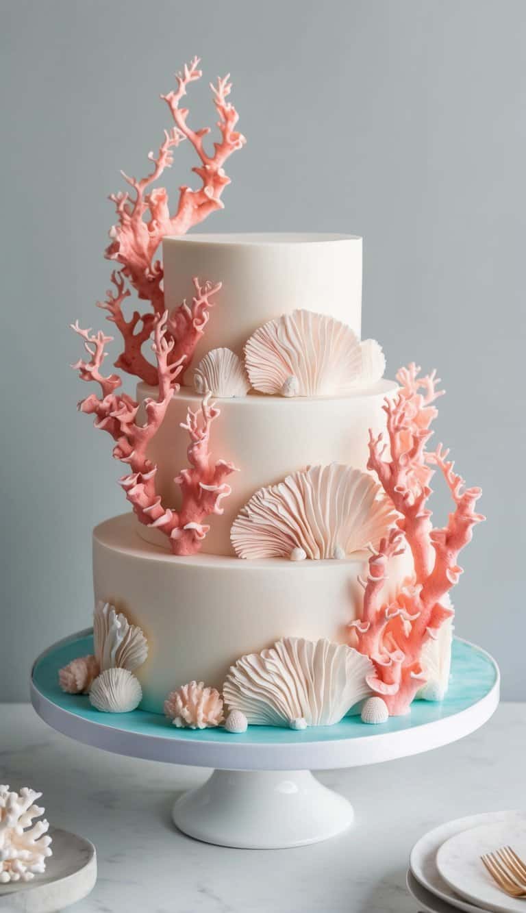 A coral reef with pink and ruffled sea plants swaying underwater