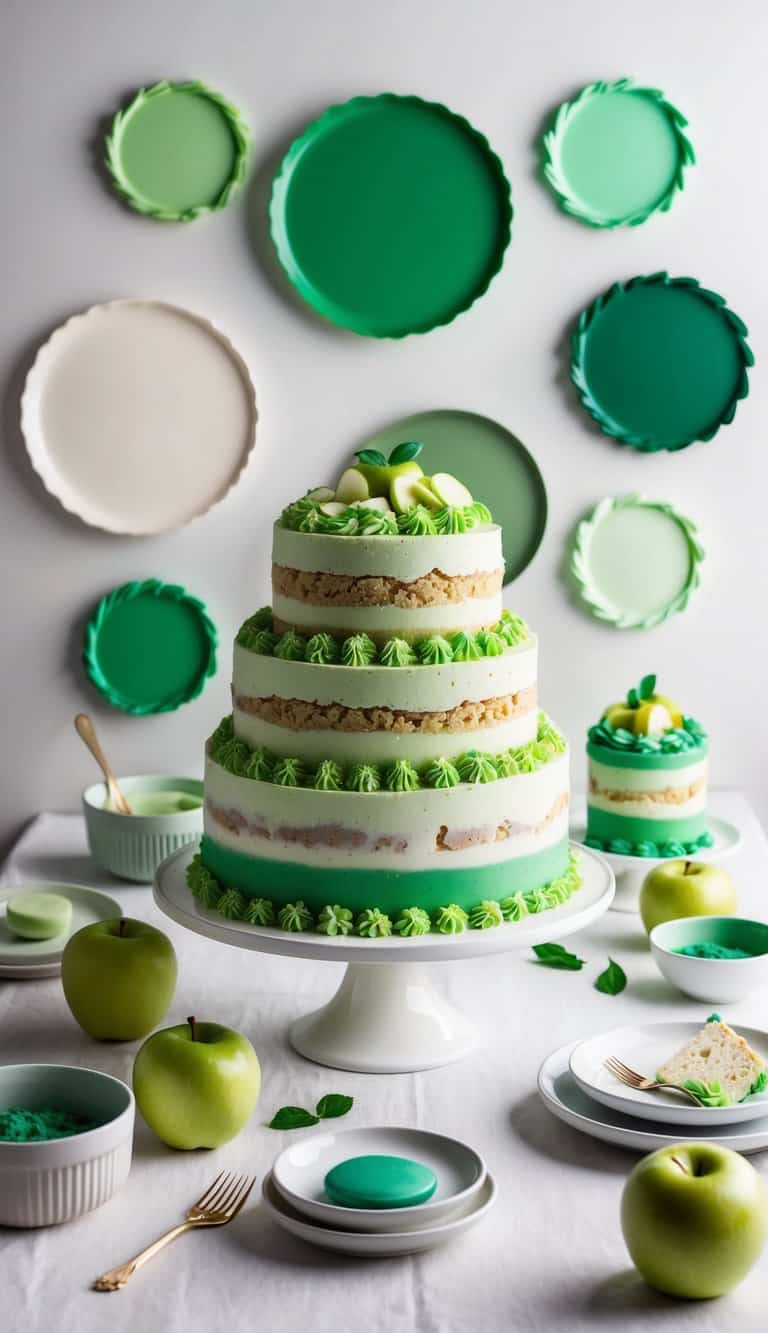 A table set with a green apple crumble cake surrounded by various shades of green cake decorations and frosting