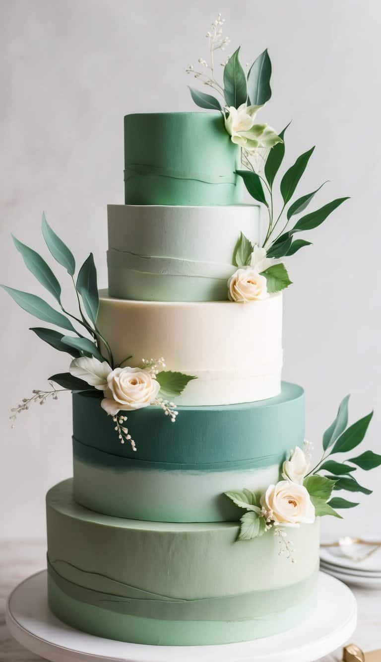 A tiered cake adorned with various shades of green frosting, delicate leaves, and floral accents