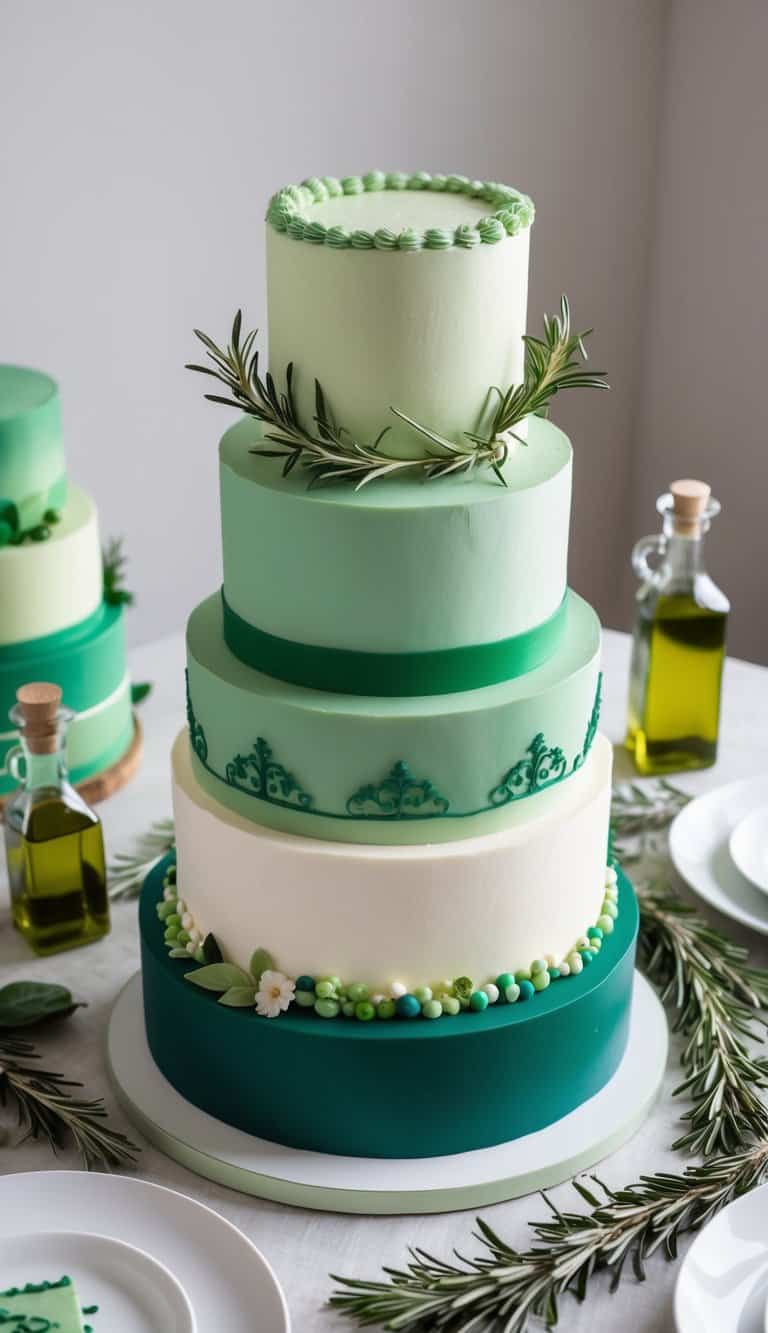 A table set with a green-themed cake display, featuring various shades of green and elegant designs, surrounded by rosemary and olive oil accents
