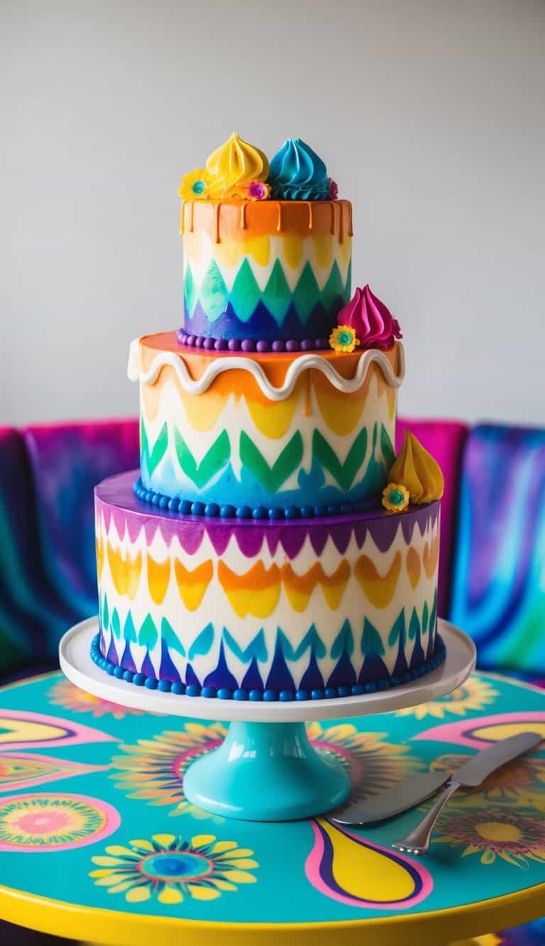 A colorful tie-dye cake displayed on a retro-themed table with psychedelic patterns and vibrant colors