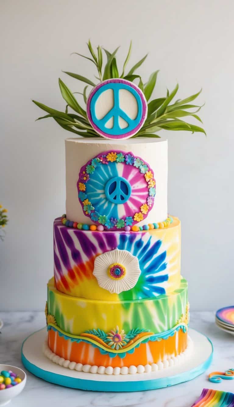 A colorful tie-dye cake with a peace sign fondant relief centerpiece surrounded by groovy patterns and retro-inspired decorations