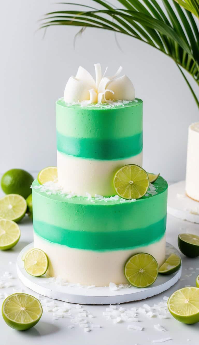 A vibrant green cake surrounded by coconut shavings and lime slices, with a refreshing and tropical feel