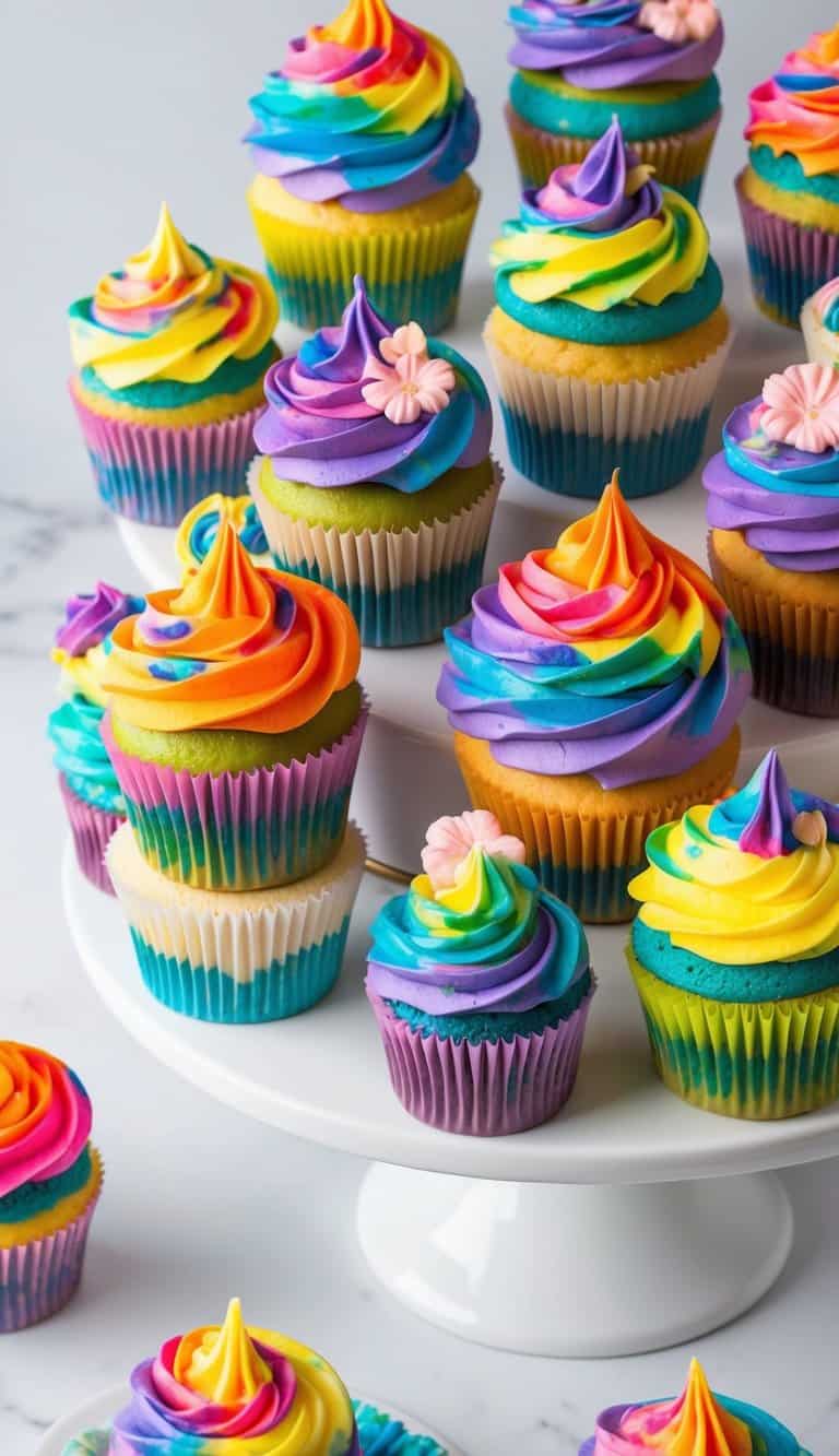 A colorful display of tie-dye cupcakes arranged in a retro-inspired pattern with vibrant swirls and groovy designs