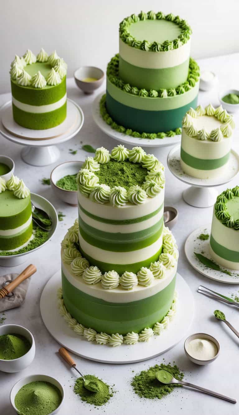 A table set with various green cakes and white chocolate, surrounded by matcha powder and decorative tools