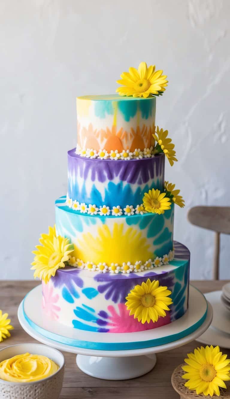 A colorful tie-dye cake with daisy chain trim and groovy decorations