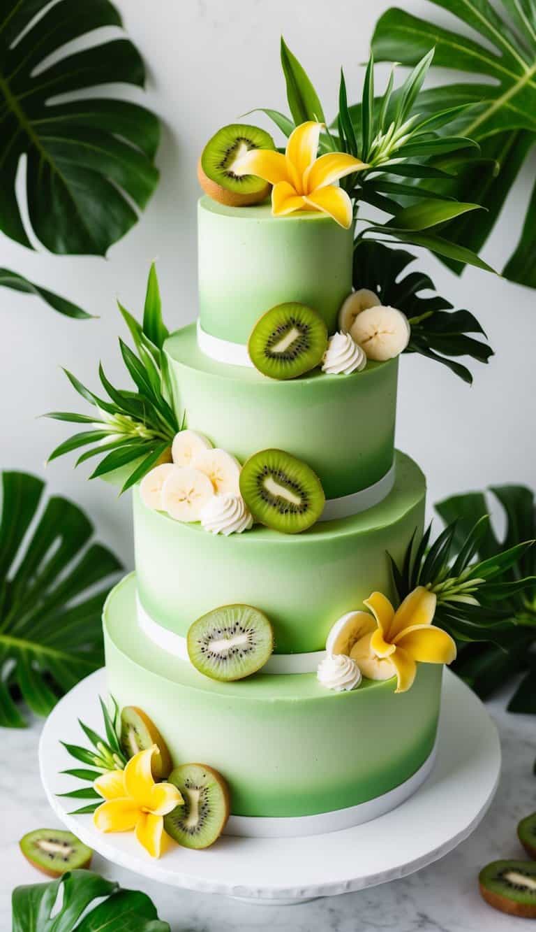 A lush green cake adorned with kiwi and banana slices, surrounded by vibrant green foliage and tropical flowers