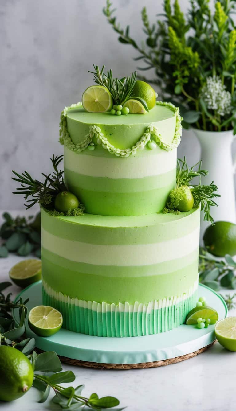 A vibrant green cake adorned with tarragon and lime, surrounded by fresh greenery and decorative elements