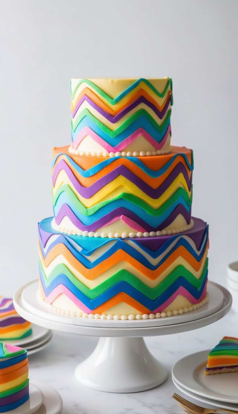Vibrant tie-dye patterns swirl across a retro-inspired cake, with colorful zigzag designs creating a groovy and psychedelic aesthetic