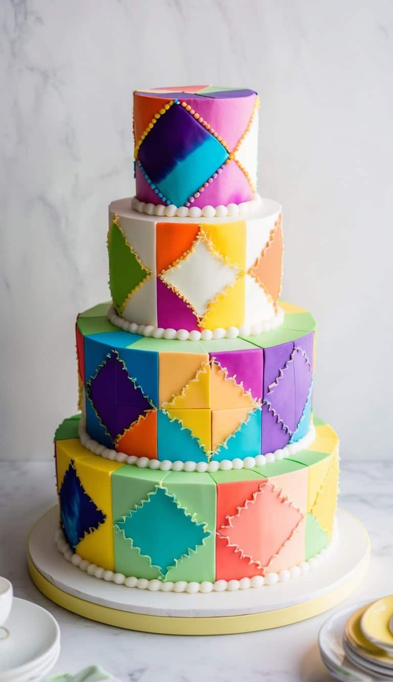 A colorful patchwork quilt cake with vibrant tie-dye patterns and retro-inspired designs