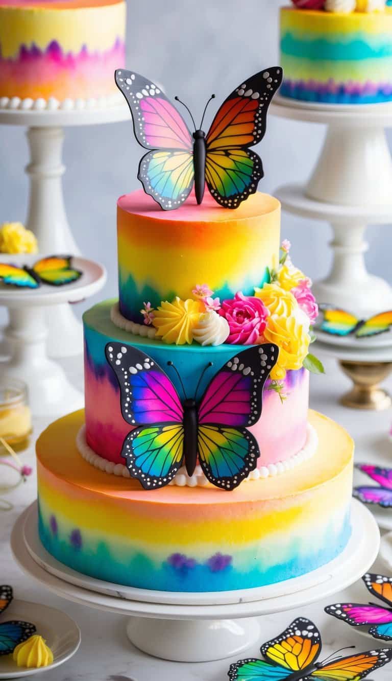 A colorful tie-dye butterfly cake surrounded by vibrant retro-inspired cake decorations