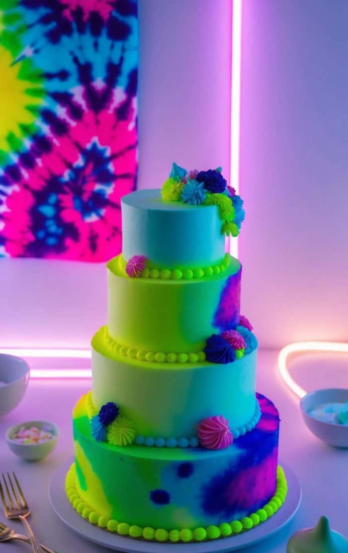 A four-tier cake decorated with neon green, blue, and pink swirls, topped with colorful flowers, sits on a white table with neon lights and a tie-dye tapestry in the background. Bowls and forks are nearby.