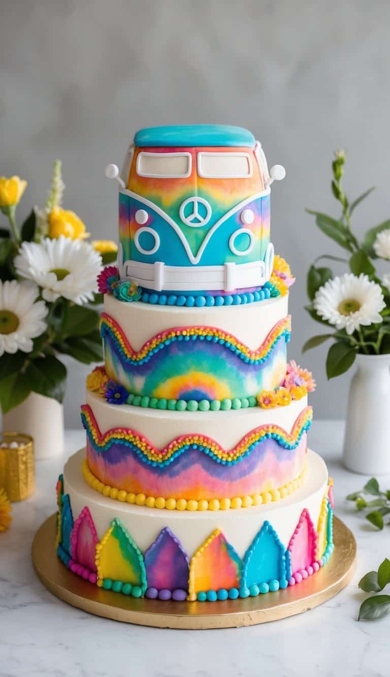 A colorful hippie van sugar sculpture surrounded by tie-dye cake decorations and retro-inspired designs